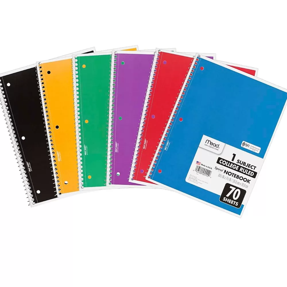 Mead Subject Notebooks<1-Subject Notebooks, 8" x 10.5", College Ruled, 70 Sheets, Assorted Colors, 6/Bundle (MEA05512-6)