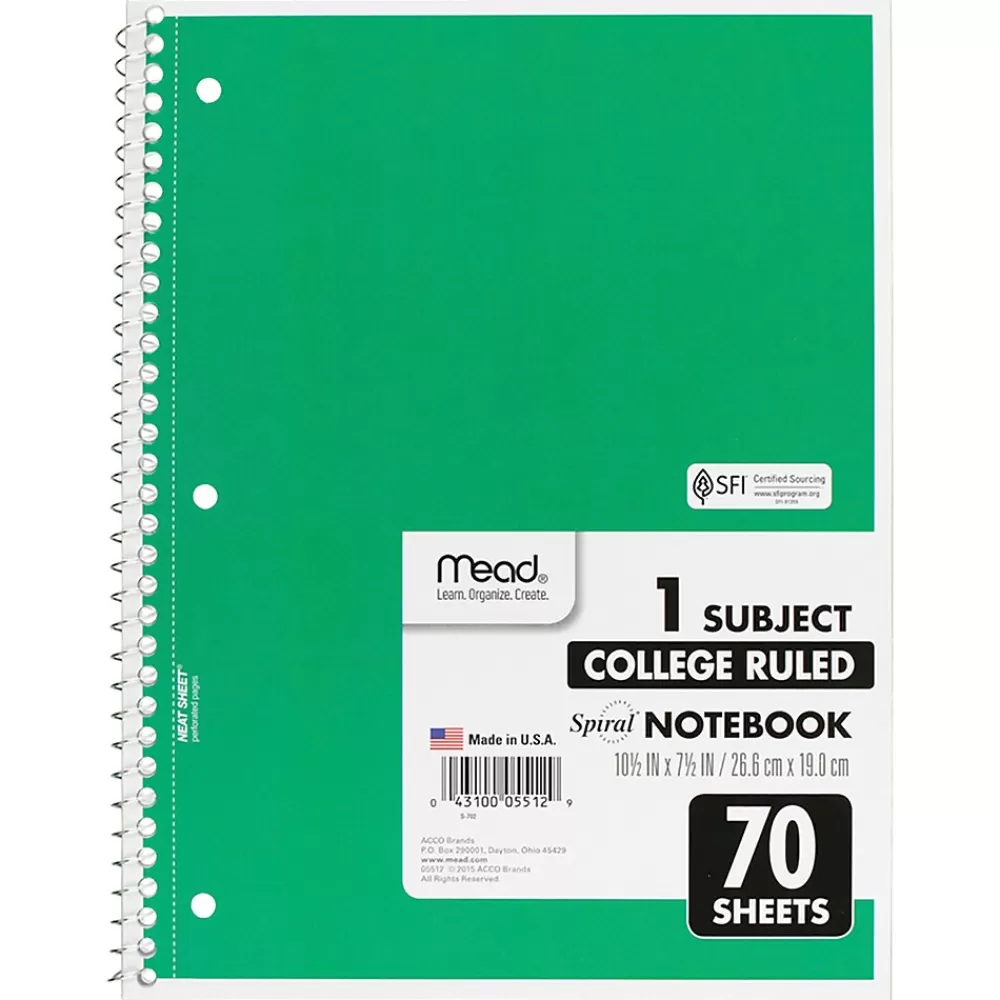 Mead Subject Notebooks<1-Subject Notebooks, 8" x 10.5", College Ruled, 70 Sheets, Assorted Colors, 6/Bundle (MEA05512-6)