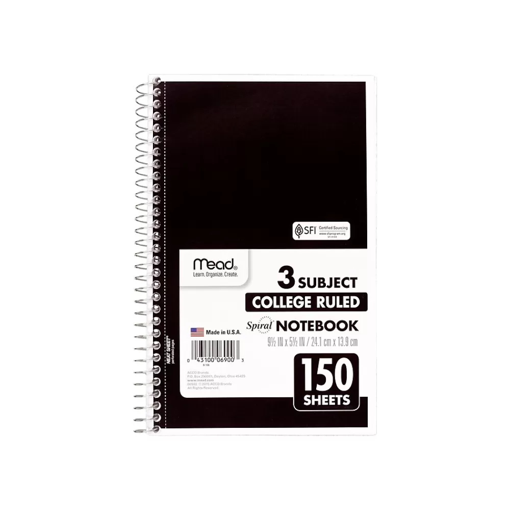 Mead Subject Notebooks<3-Subject Notebooks, 6" x 9.5", College Ruled, 150 Sheets, Assorted Colors, 12/Carton (06900CT)