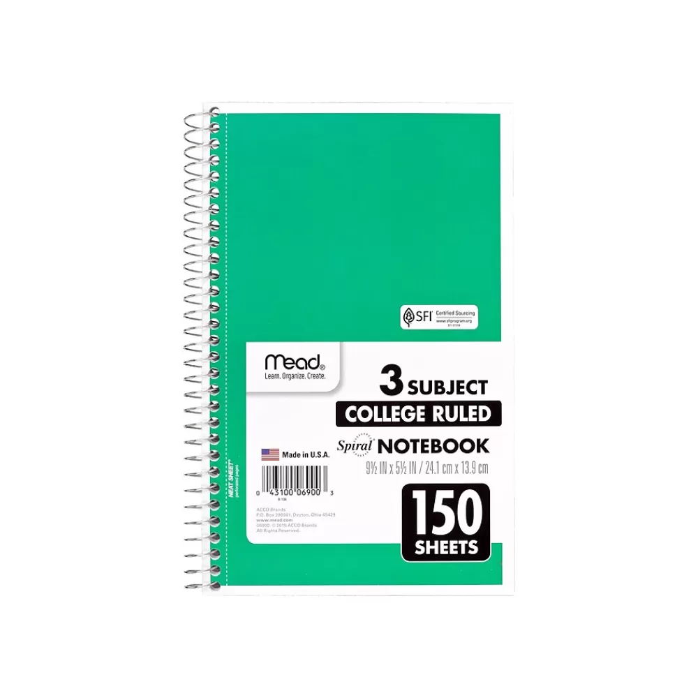 Mead Subject Notebooks<3-Subject Notebooks, 6" x 9.5", College Ruled, 150 Sheets, Assorted Colors, 12/Carton (06900CT)