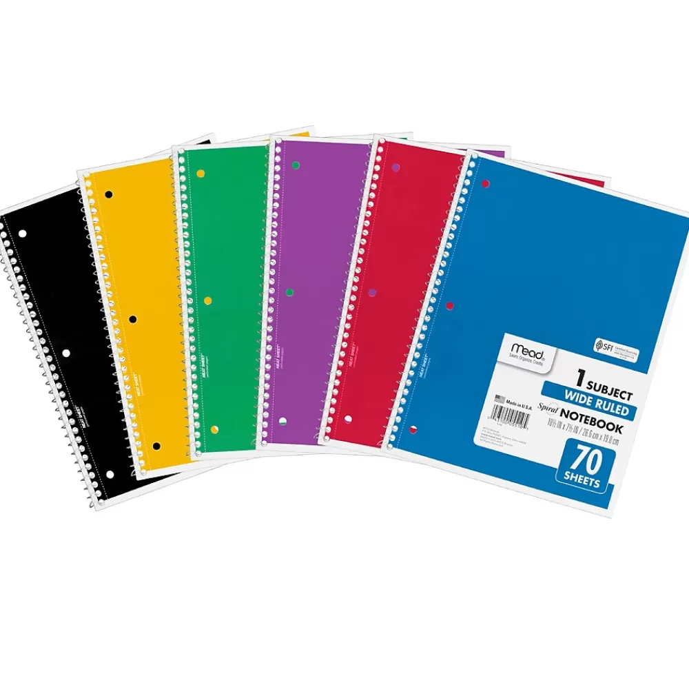 Mead Subject Notebooks<1-Subject Notebooks, 8" x 10.5", Wide Ruled, 70 Sheets, Assorted Colors, 6/Bundle (MEA05510-6)