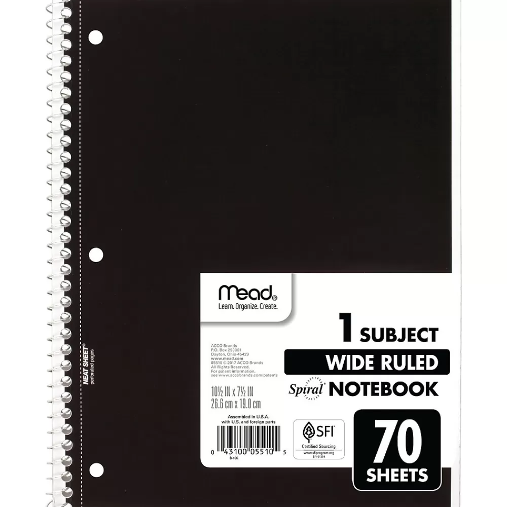 Mead Subject Notebooks<1-Subject Notebooks, 8" x 10.5", Wide Ruled, 70 Sheets, Each (05510)