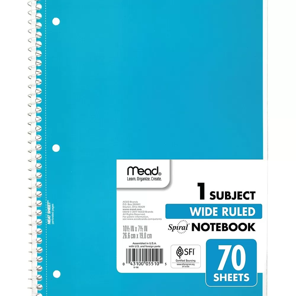 Mead Subject Notebooks<1-Subject Notebooks, 8" x 10.5", Wide Ruled, 70 Sheets, Each (05510)