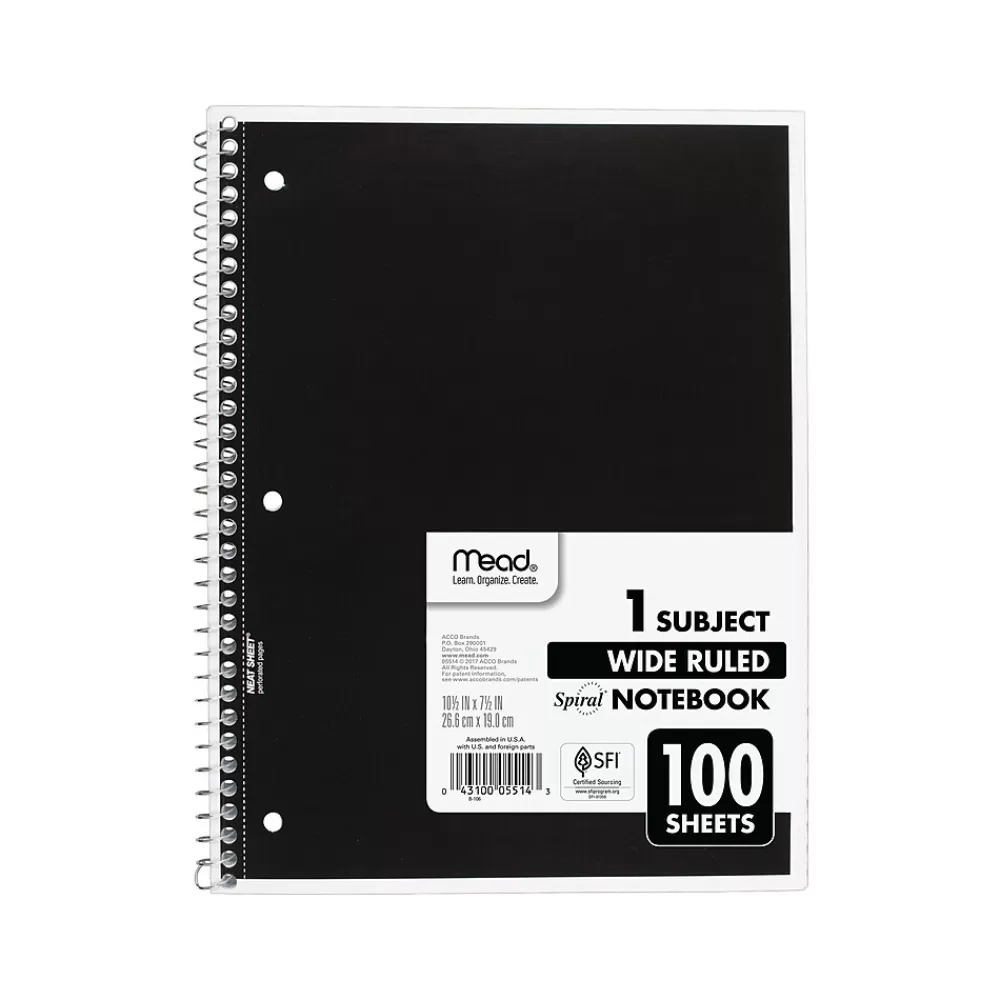 Mead Subject Notebooks<1-Subject Notebooks, 7.5" x 10.5", Wide-Ruled, 100 Sheets, Assorted Colors, 24/Carton (MEA05514CT)