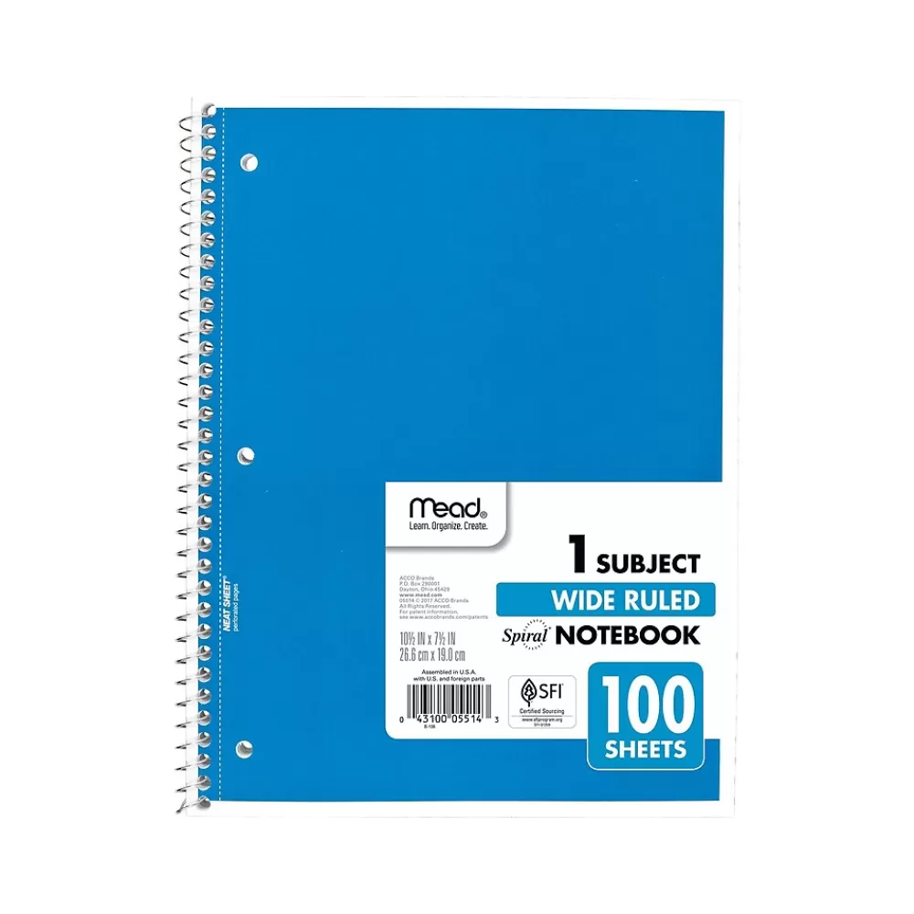 Mead Subject Notebooks<1-Subject Notebooks, 7.5" x 10.5", Wide-Ruled, 100 Sheets, Assorted Colors, 24/Carton (MEA05514CT)