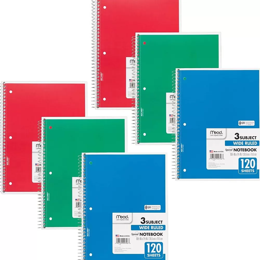 Mead Subject Notebooks<3-Subject Notebooks, Wide Ruled, 120 Sheets, Assorted Colors, 6/Bundle (MEA05746-6)