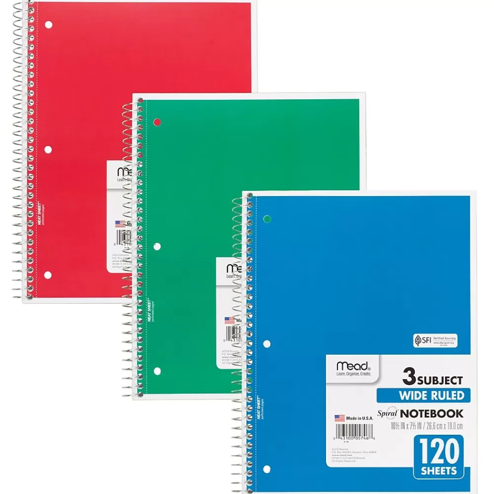 Mead Subject Notebooks<3-Subject Notebooks, Wide Ruled, 120 Sheets, Assorted Colors, 6/Bundle (MEA05746-6)