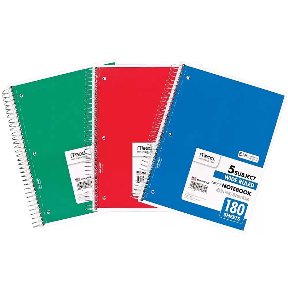 Mead Subject Notebooks<5-Subject Subject Notebooks, 8" x 10.5", Wide Ruled, 180 Sheets, Assorted Colors, 3/Bundle (MEA05680-3)