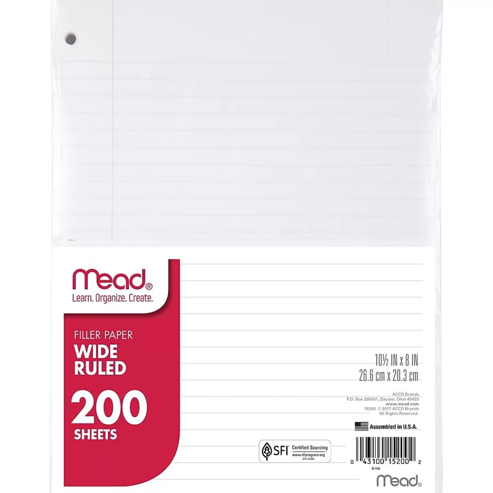 Mead Filler Paper<Wide Ruled Filler Paper, 8" x 10.5", 3-Hole Punched, 200 Sheets/Pack (15200)