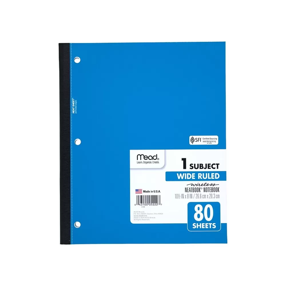 Mead Subject Notebooks<Wireless Neatbook 1-Subject Notebooks, 8" x 10.5", Wide Ruled, 80 Sheets, Each (05222)