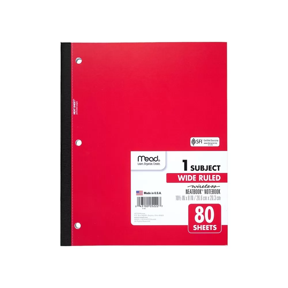 Mead Subject Notebooks<Wireless Neatbook 1-Subject Notebooks, 8" x 10.5", Wide Ruled, 80 Sheets, Each (05222)