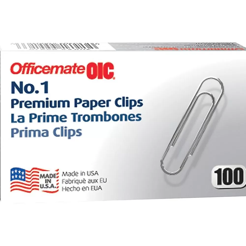 Officemate Clips & Fasteners<Premium Paper Clips, #1, Silver, 100/Box, 10 Boxes/Pack (99916)