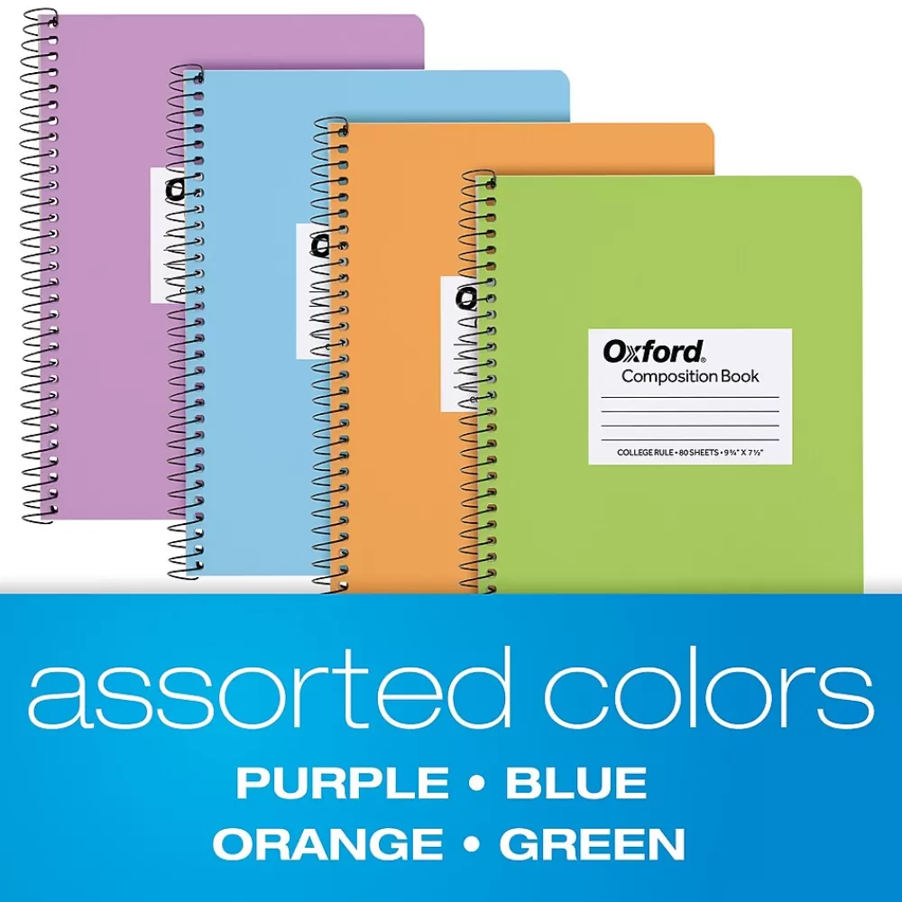 Oxford Composition Notebooks<Composition Notebooks, 7.5" x 9.75", College Ruled, 80 Sheets, Assorted Colors, 4/Pack (64947)