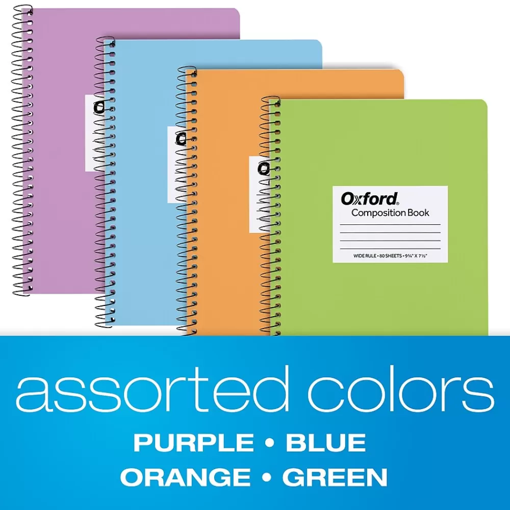 Oxford Subject Notebooks<Composition Notebooks, 7.5" x 9.75", Wide Ruled, 80 Sheets, Assorted Colors, 4/Pack (64946)