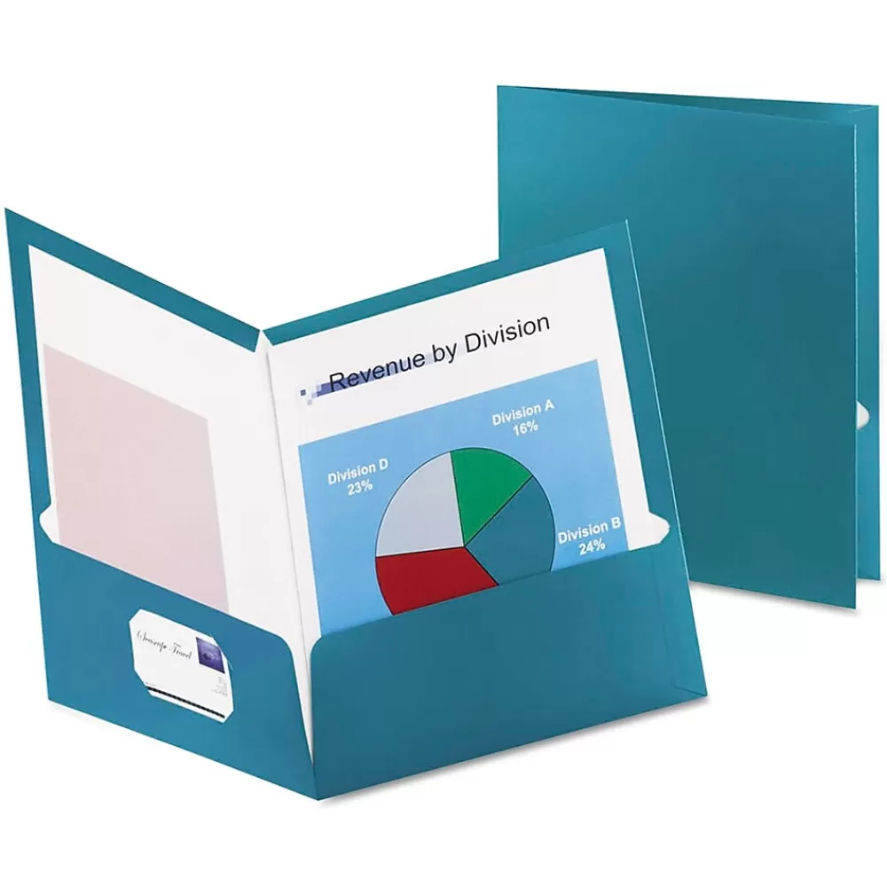 Oxford Pocket Folders<Two-Pocket Laminated Folder, 100-Sheet Capacity, Metallic Teal, 25/Box