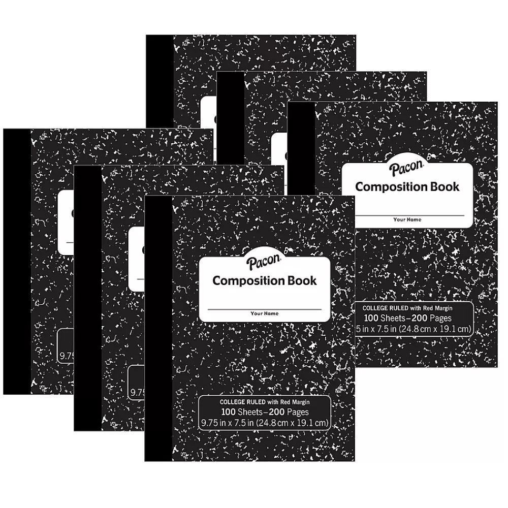 Pacon Composition Notebooks<Composition Notebooks, 9.75" x 7.5", College Ruled, 100 Sheets, Black, 6/Bundle (PACMMK37106-6)