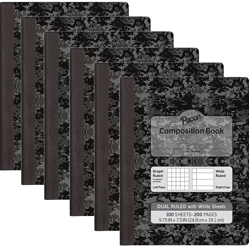 Pacon Composition Notebooks<Composition Notebooks, 9.75" x 7.5", Graph Ruled, 100 Sheets, Black, 6/Bundle (PACMMK37164-6)