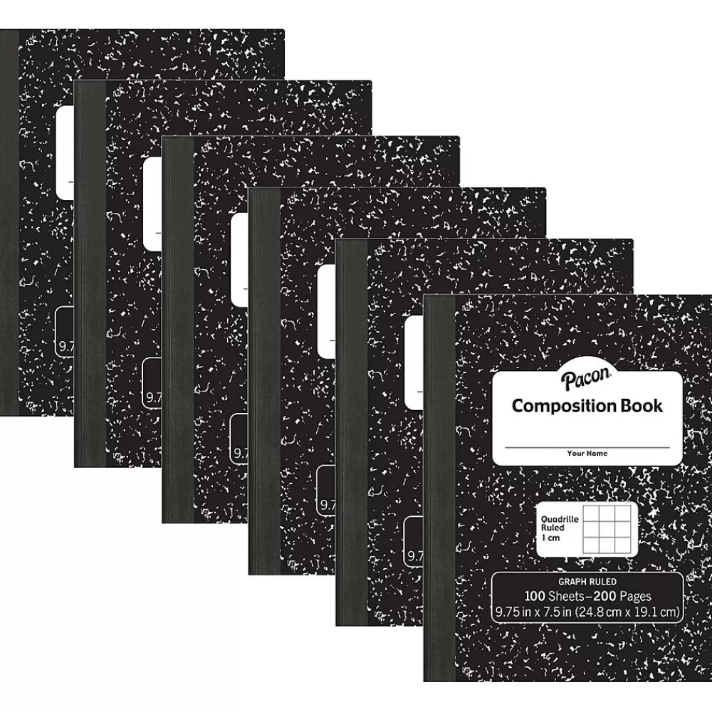 Pacon Composition Notebooks<Composition Notebooks, 9.75" x 7.5", Quad Ruled, 100 Sheets, Black, 6/Bundle (PACMMK37105-6)