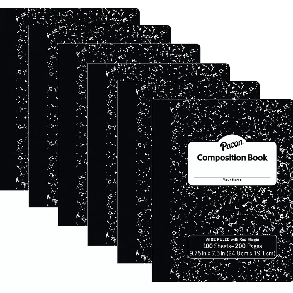 Pacon Composition Notebooks<Composition Notebooks, 9.75" x 7.5", Wide Ruled, 100 Sheets, Black, 6/Bundle (PACMMK37101-6)