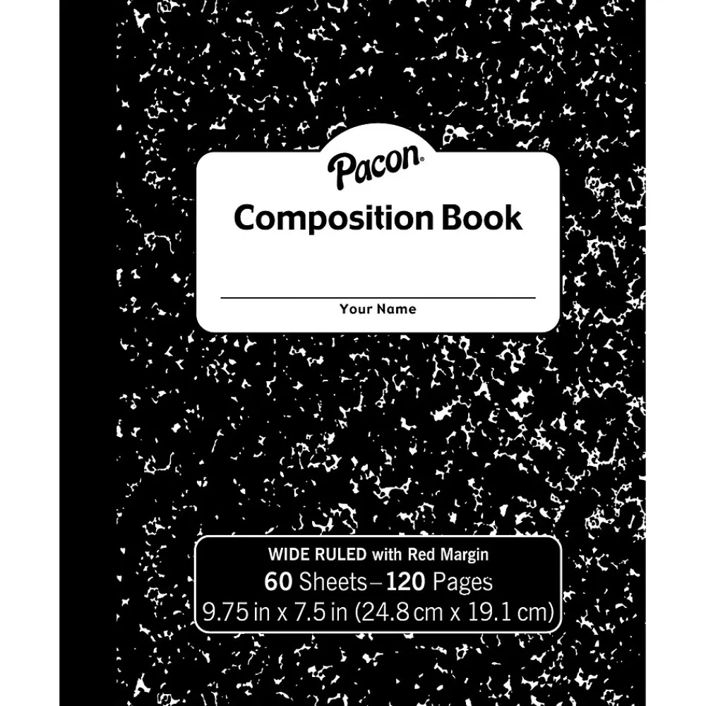 Pacon Composition Notebooks<Composition Notebooks, 9.75" x 7.5", Wide Ruled, 60 Sheets, Black, 12/Bundle (PACMMK37118-12)
