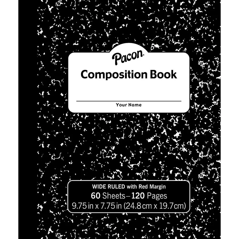 Pacon Composition Notebooks<Composition Notebooks, 9.75" x 7.5", Wide Ruled, 60 Sheets, Black, 12/Bundle (PACMMK37130-12)
