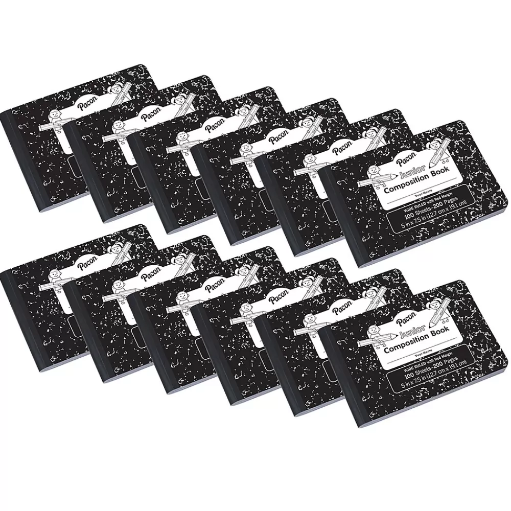 Pacon Composition Notebooks<Composition Notebooks, 5" x 7.5", Wide Ruled, 100 Sheets, Black, 12/Bundle (PACMMK37090-12)