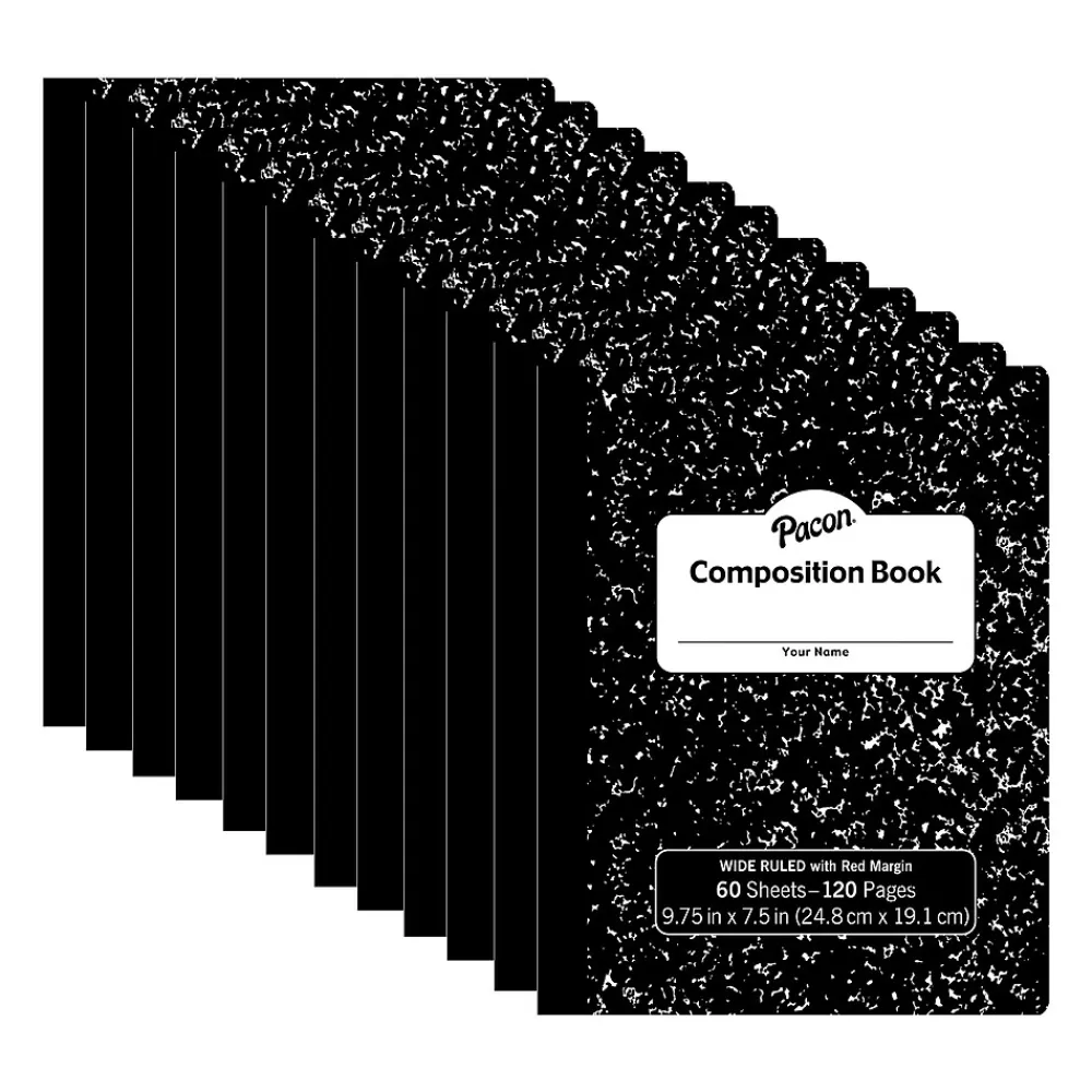 Pacon Composition Notebooks<Composition Notebooks, 9.75" x 7.5", Wide Ruled, 60 Sheets, Black, 12/Bundle (PACMMK37118-12)