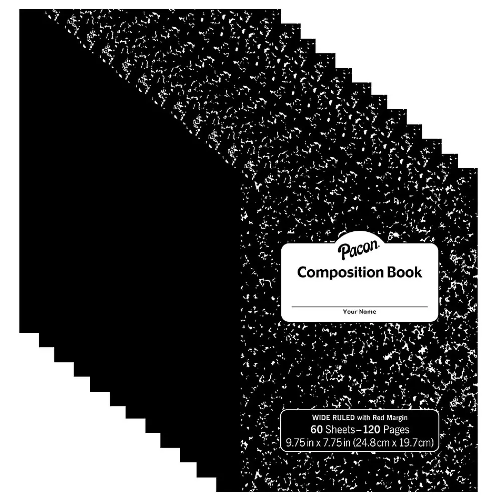 Pacon Composition Notebooks<Composition Notebooks, 9.75" x 7.5", Wide Ruled, 60 Sheets, Black, 12/Bundle (PACMMK37130-12)