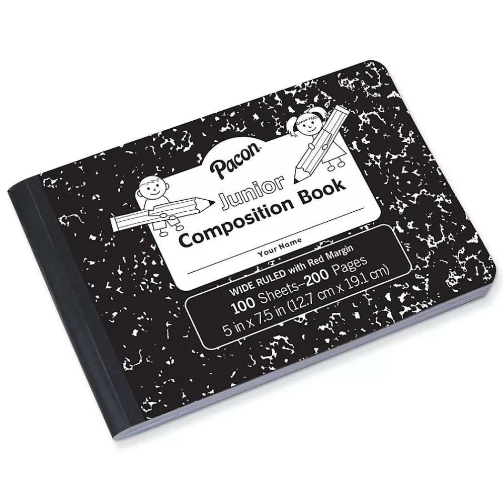Pacon Composition Notebooks<Composition Notebooks, 5" x 7.5", Wide Ruled, 100 Sheets, Black, 12/Bundle (PACMMK37090-12)