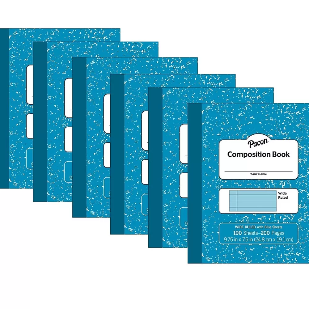 Pacon Composition Notebooks<Composition Notebooks, 9.75" x 7.5", Wide Ruled, 100 Sheets, Blue, 6/Bundle (PACMMK37170-6)