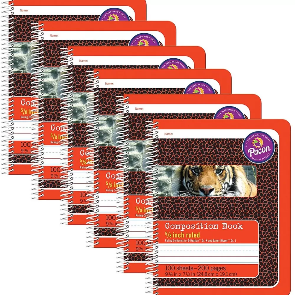 Pacon Composition Notebooks<Composition Notebooks, 9.75" x 7.5", Wide Ruled, 100 Sheets, Multicolor, 6/Bundle (PAC2432-6)