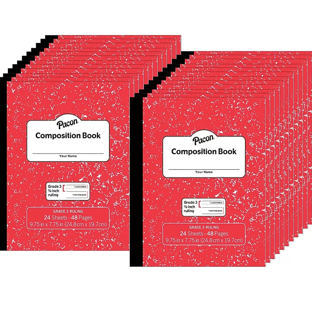 Pacon Composition Notebooks<Composition Notebooks, 7.75" x 9.75", Wide Ruled, 24 Sheets, Red, 24/Bundle (PACMMK37139-24)