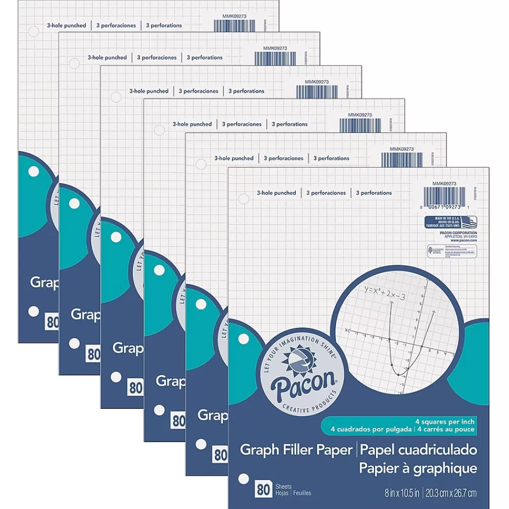 Pacon Filler Paper<Graph Paper, 8" x 10.5", 3-Hole Punched, 80 Sheets/Pack, 6/Bundle (PACMMK09273-6)