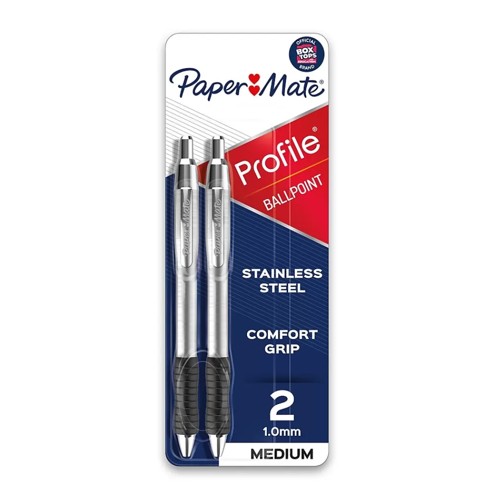Paper Mate Pens<Profile Metal Barrel Retractable Ballpoint Pen, Medium Point, Black Ink, 2/Pack (2130513)