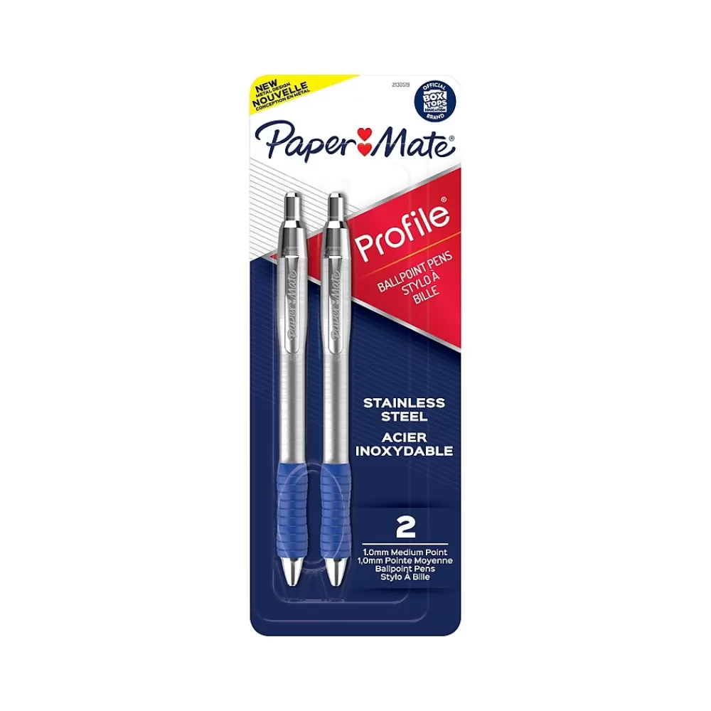 Paper Mate Pens<Profile Metal Barrel Retractable Ballpoint Pen, Medium Point, Blue Ink, 2/Pack (2130519)