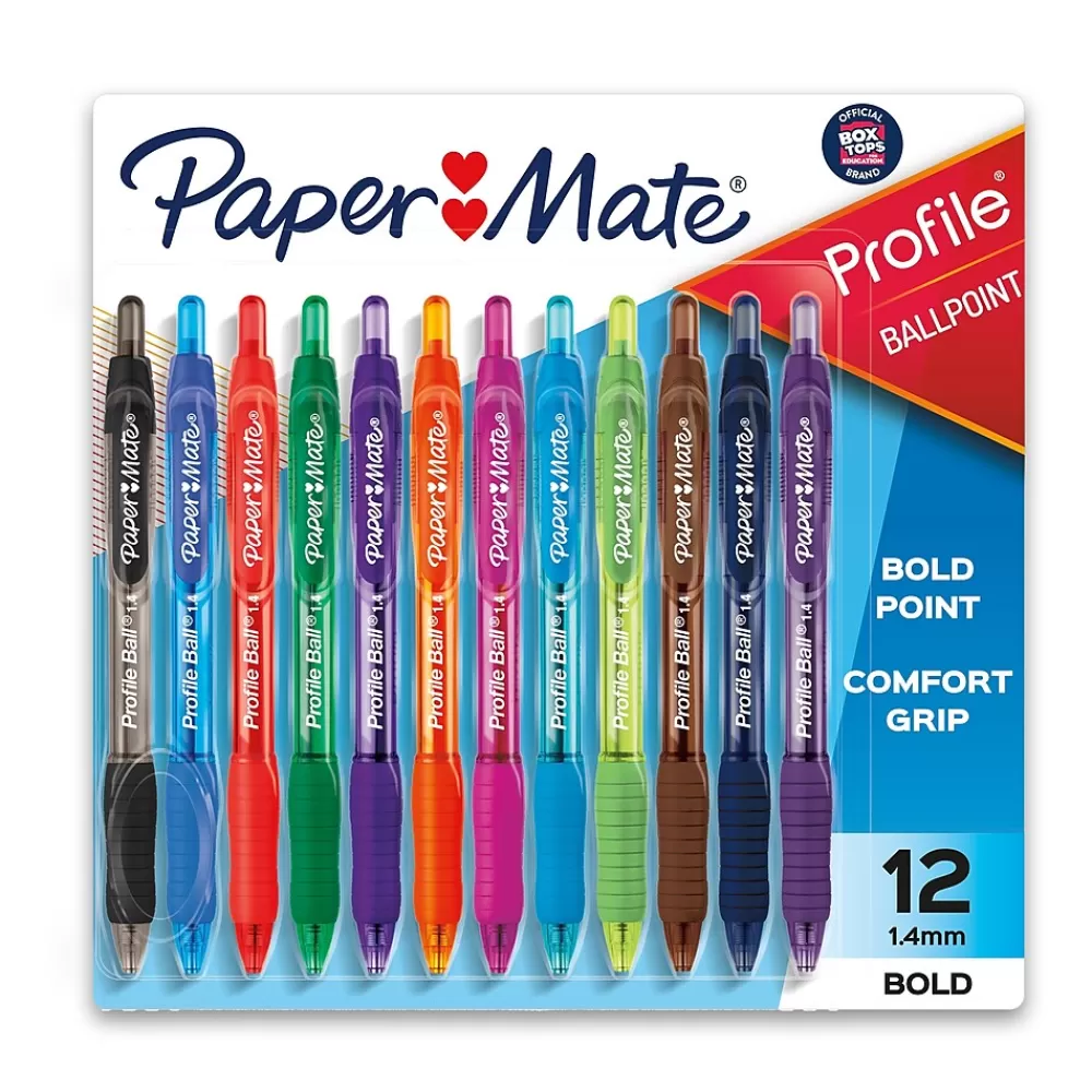 Paper Mate Pens<Profile Retractable Ballpoint Pen, Bold Point, Assorted Ink, Dozen (1788863)