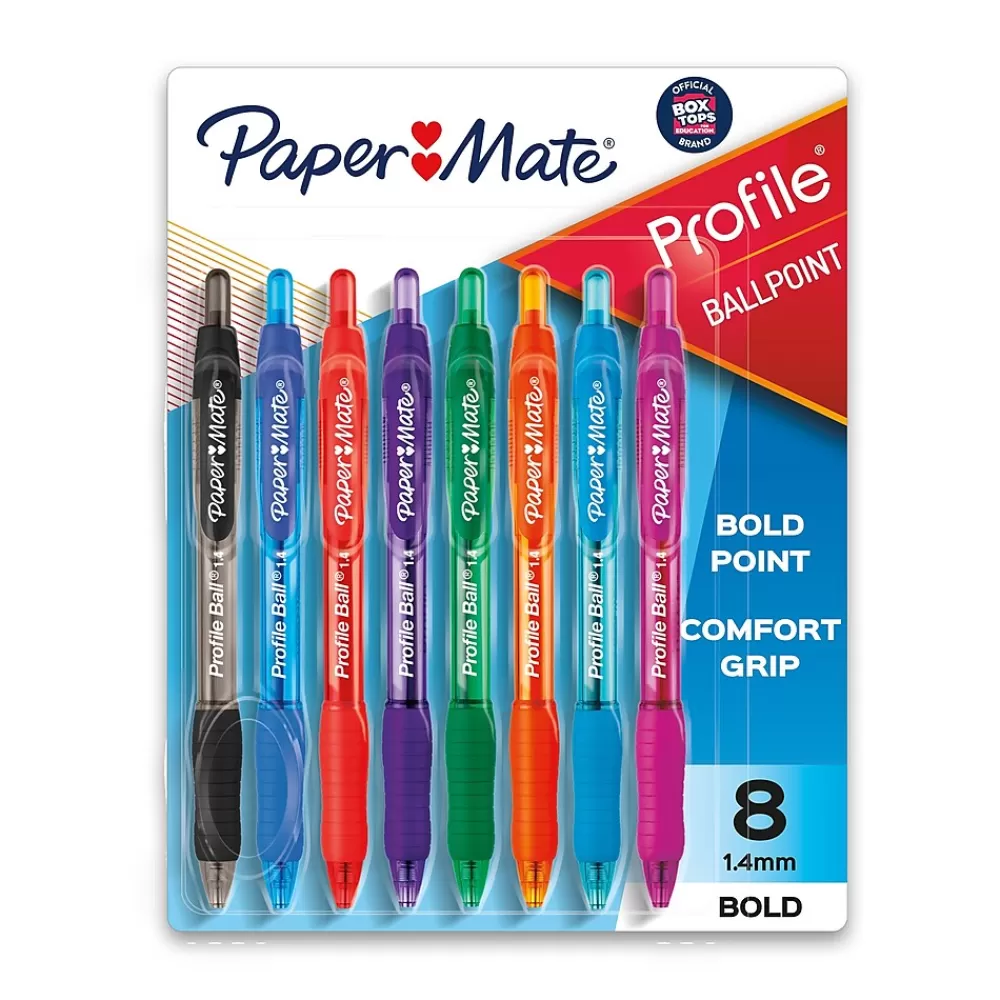 Paper Mate Pens<Profile Retractable Ballpoint Pen, Bold Point, Assorted Ink, 8/Pack (54549)