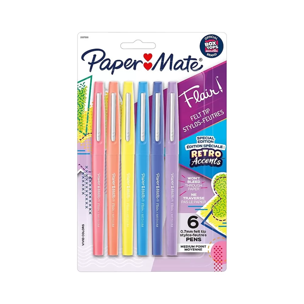 Paper Mate Pens<Retro Accents Felt Pen, Medium Point, Assorted Ink, 6/Pack (2097888)