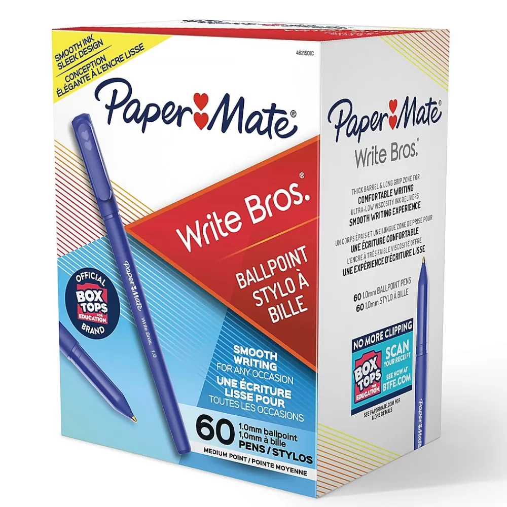 Paper Mate Pens<Write Bros. Ballpoint Pen, Medium Point, Blue Ink, 60/Pack (4621501)
