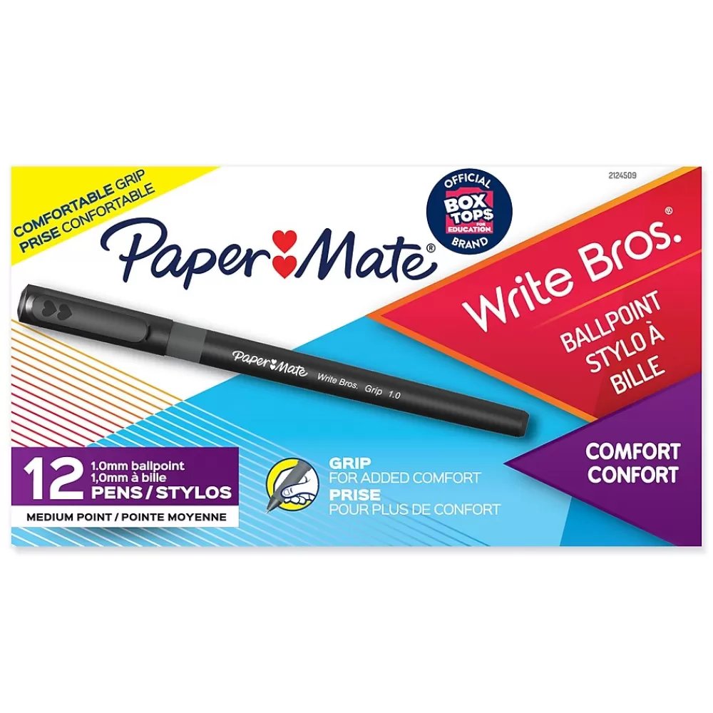 Paper Mate Pens<Write Bros. Grip Ballpoint Pen, Medium Point, Black Ink, Dozen (8807987)