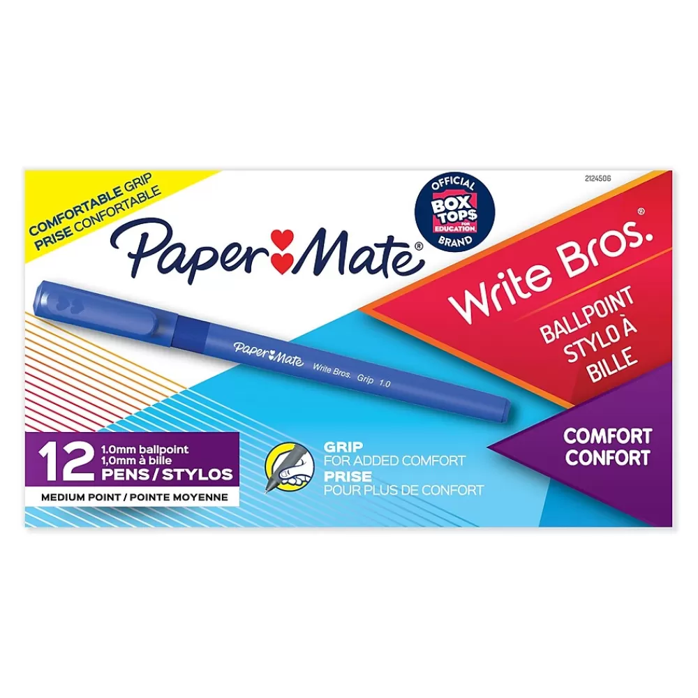 Paper Mate Pens<Write Bros. Grip Ballpoint Pen, Medium Point, Blue Ink, Dozen (8808087)