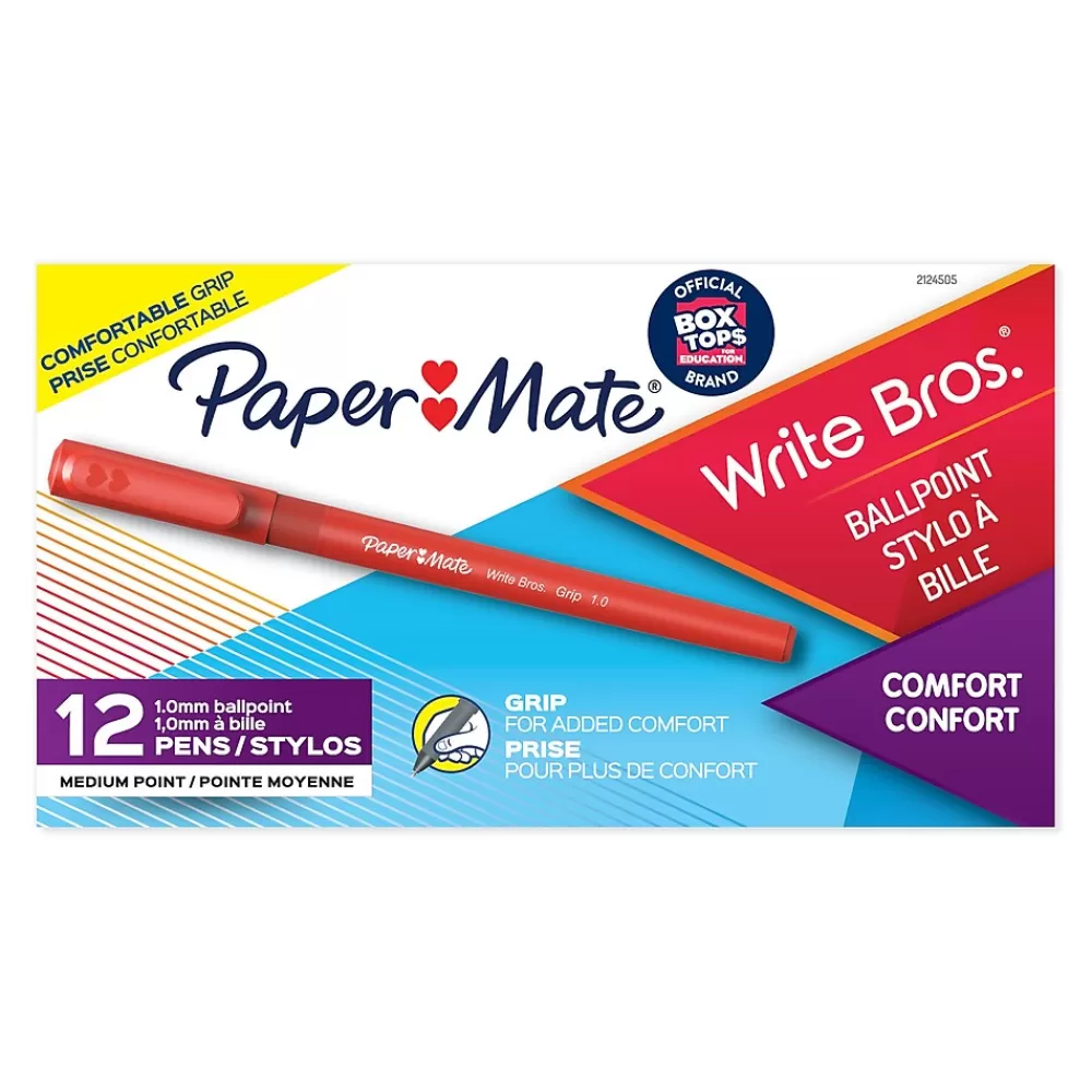 Paper Mate Pens<Write Bros. Grip Ballpoint Pen, Medium Point, Red Ink, Dozen (8808187)