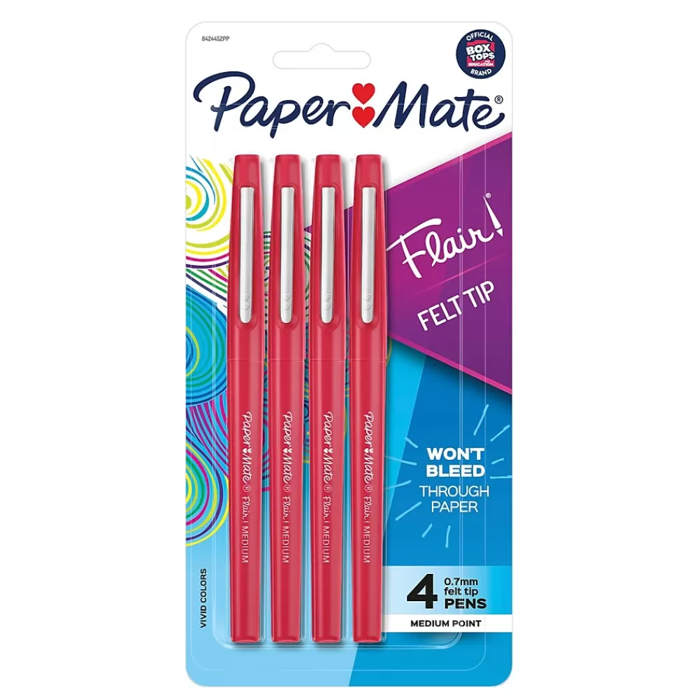 Paper Mate Pens<PaperMate Flair Felt Pen, Medium Point, 0.7mm, Red Ink, 4 Pack (84244)