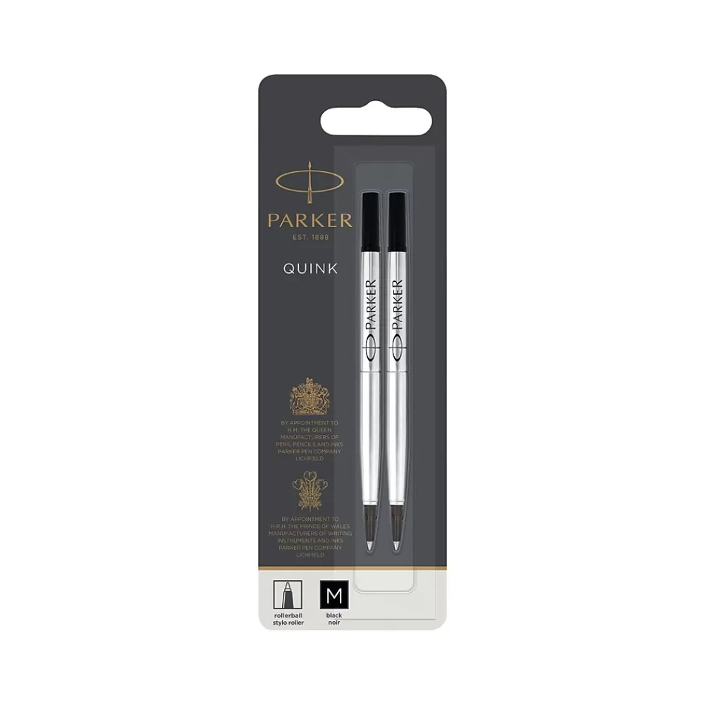 Parker Pens<Quink Rollerball Pen Refill, Medium Tip, Black Ink, 2/Pack (1950325)