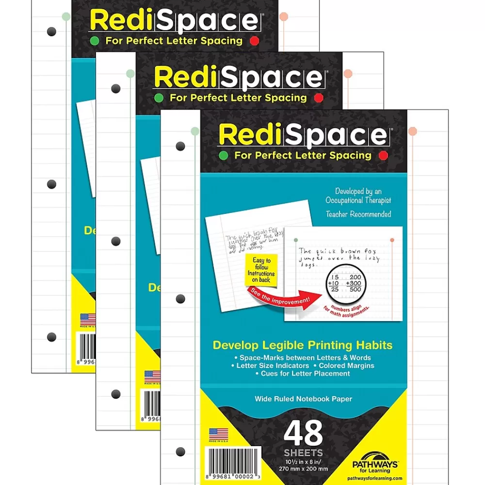 Pathways for Learning Filler Paper<RediSpace® Wide Ruled Notebook Filler Paper, 10.5" x 8", White, 48 Sheets Per Pack, 3 Packs (RS-48FP-3)