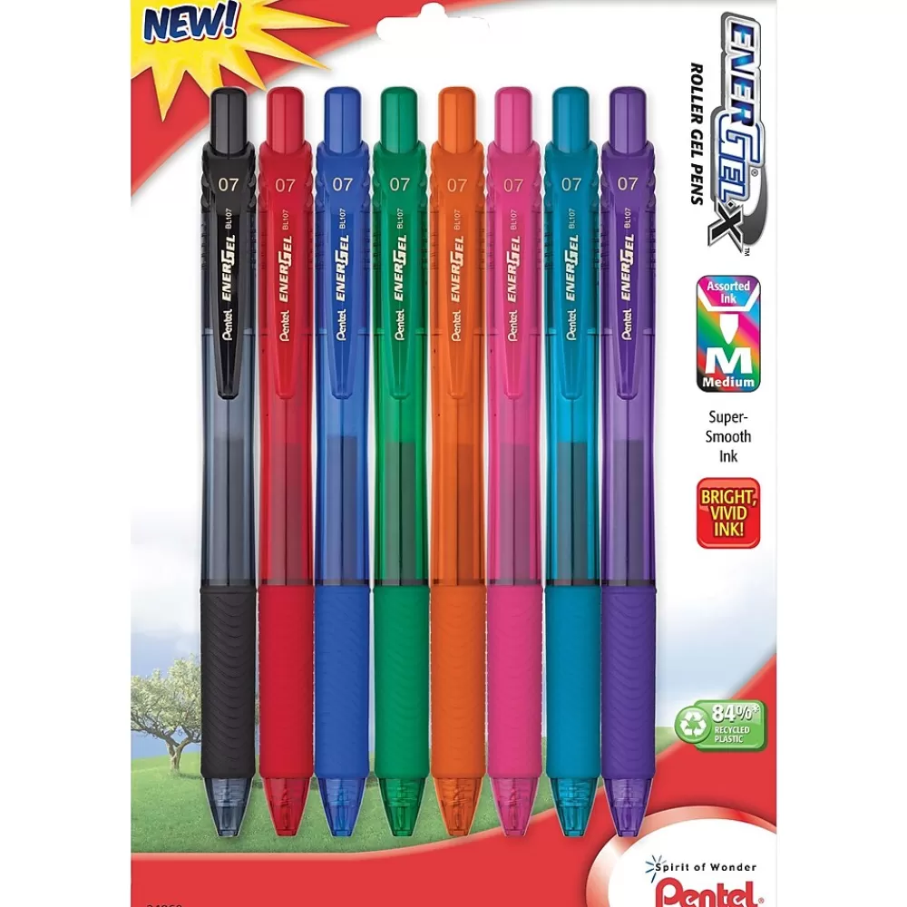 Pentel Pens<EnerGel-X RollerGel Retractable Gel Pens, Medium Point, Assorted Ink Colors, 8/Pack (BL107CRBP8M)