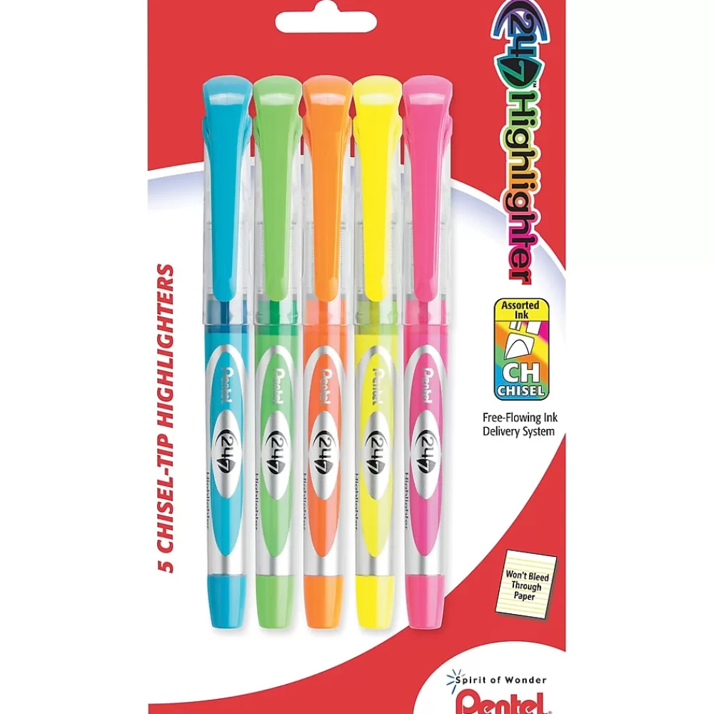 Pentel Highlighters<24/7™ Highlighter, Chisel Tip, Assorted Barrel, Assorted Ink, 5/Pack