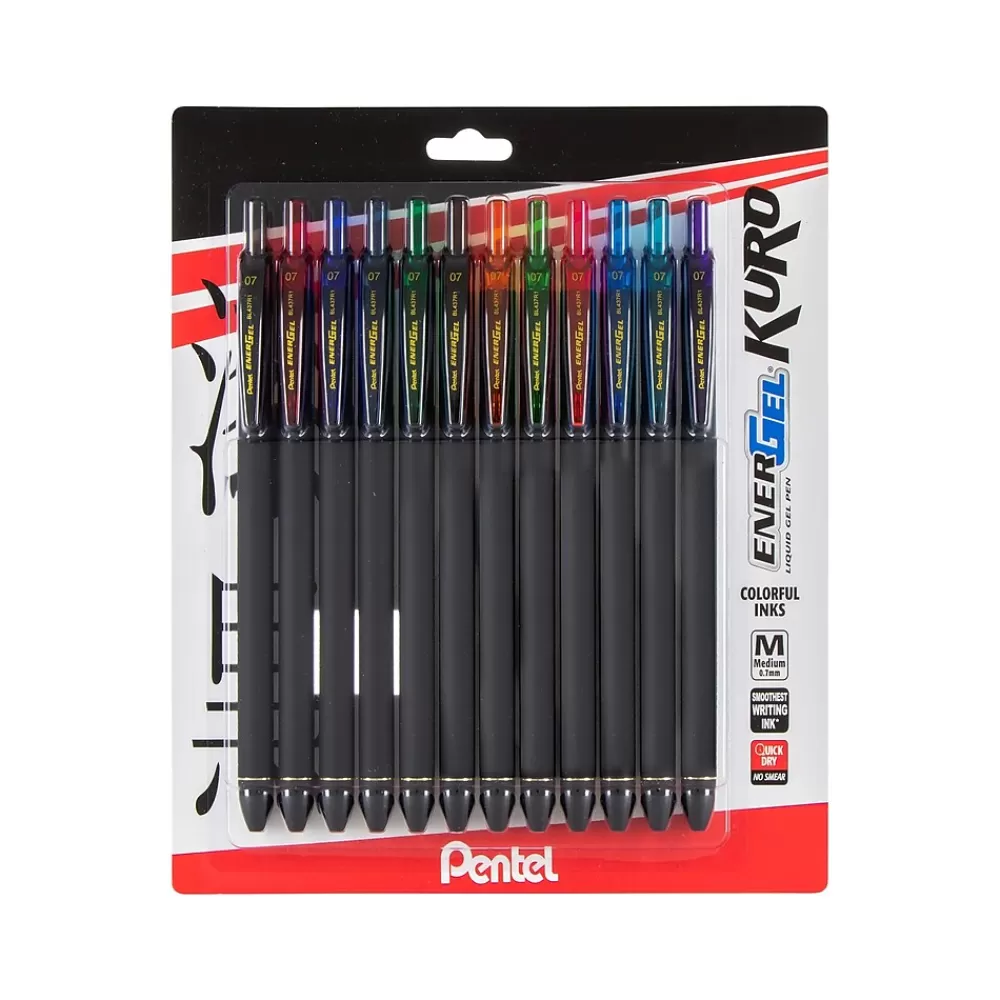 Pentel Pens<EnerGel Kuro Retractable Gel Pens, Medium Point, Assorted Colors Inks, 12/Pack (BL437R1BP12M)