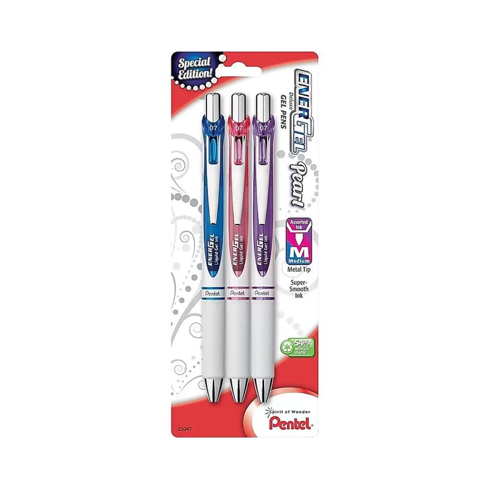 Pentel Pens<EnerGel Pearl Deluxe Retractable Gel Pens, Medium Point, Assorted Colors Ink, 3 Pack (BL77WBPS3M1)