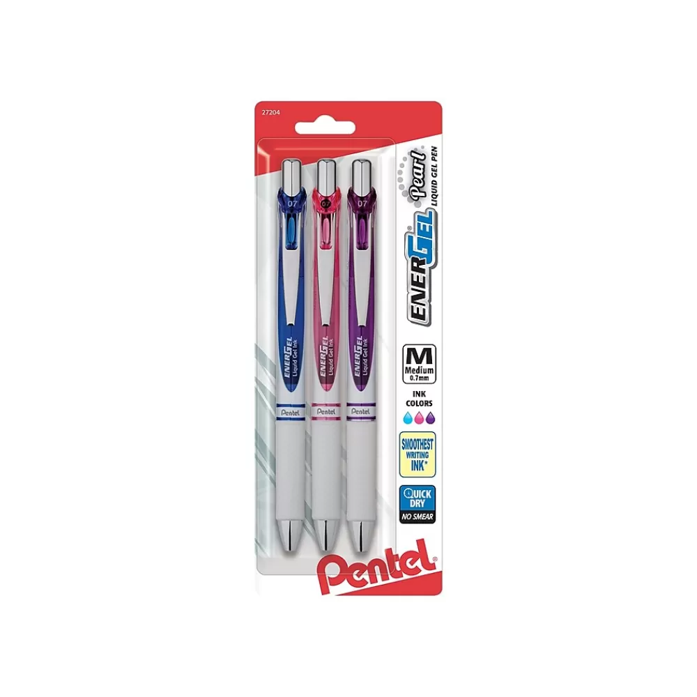 Pentel Pens<EnerGel Pearl Retractable Gel Pens, Medium Point, Assorted Inks, 3/Pack (BL77WBPS3M2)
